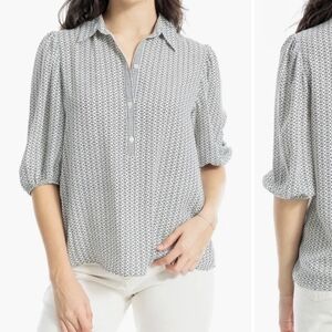 Max Studio-Half Sleeve Button Up-Black and White-Relaxed Fit-Puff Sleeves-Sz L